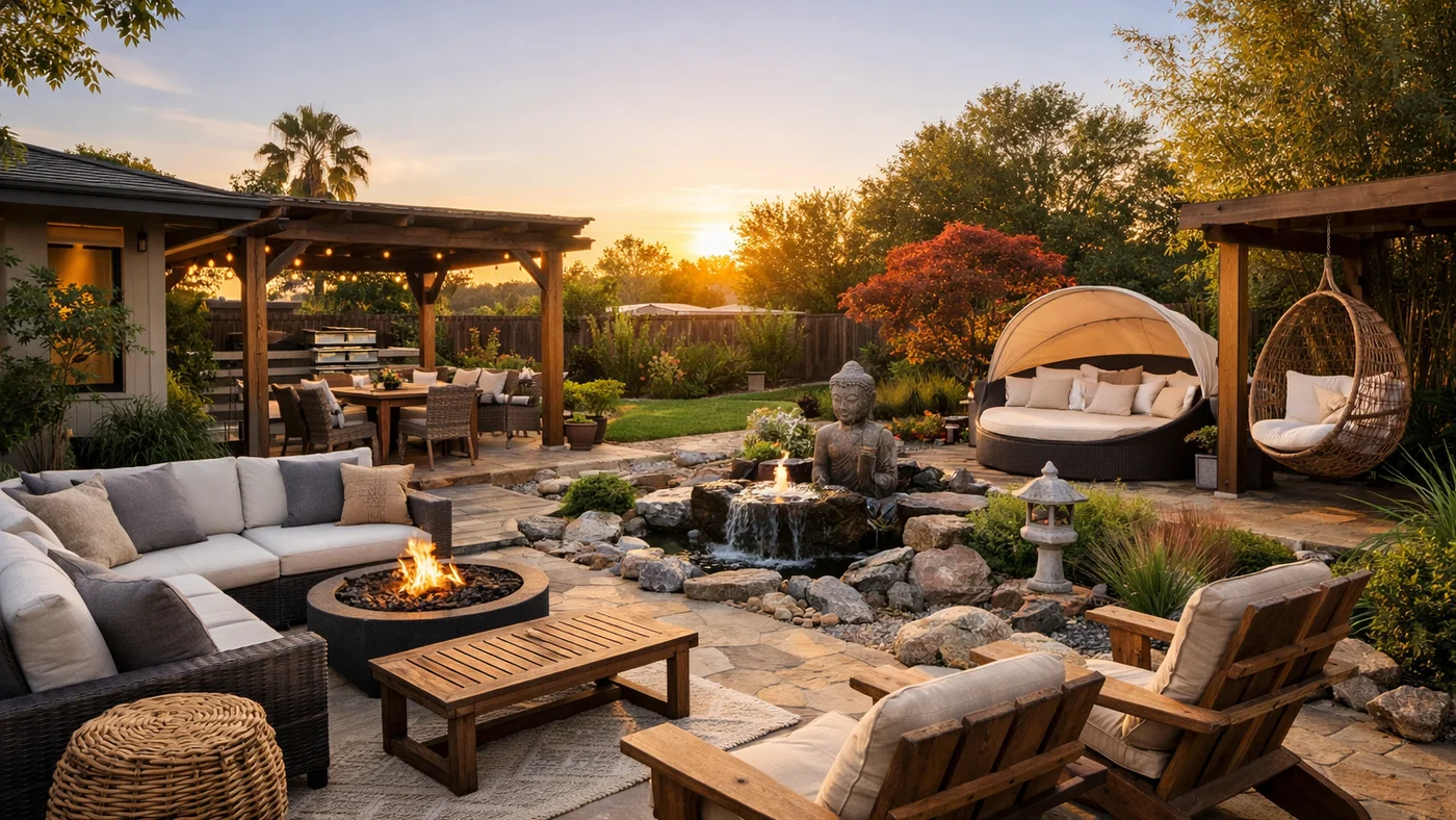 A diverse collection of backyard patios under golden hour lighting