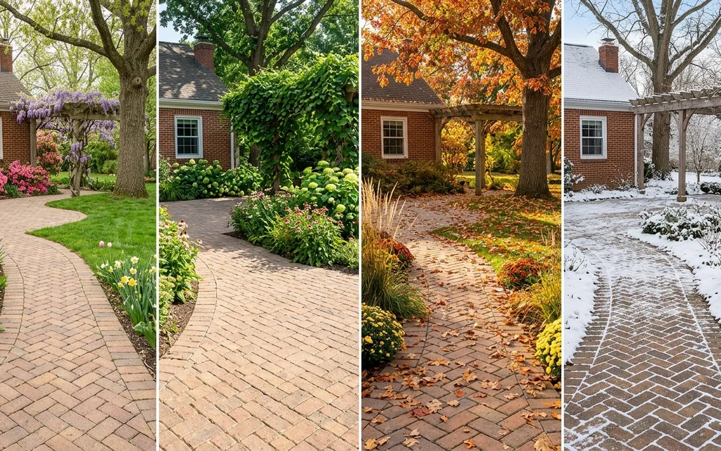 Seasonal view of backyard paver design