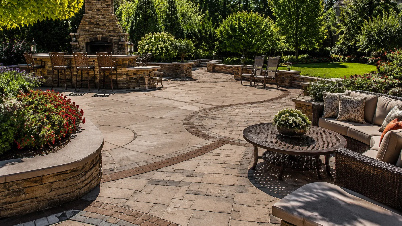 Backyard with intricate paver design and outdoor furniture