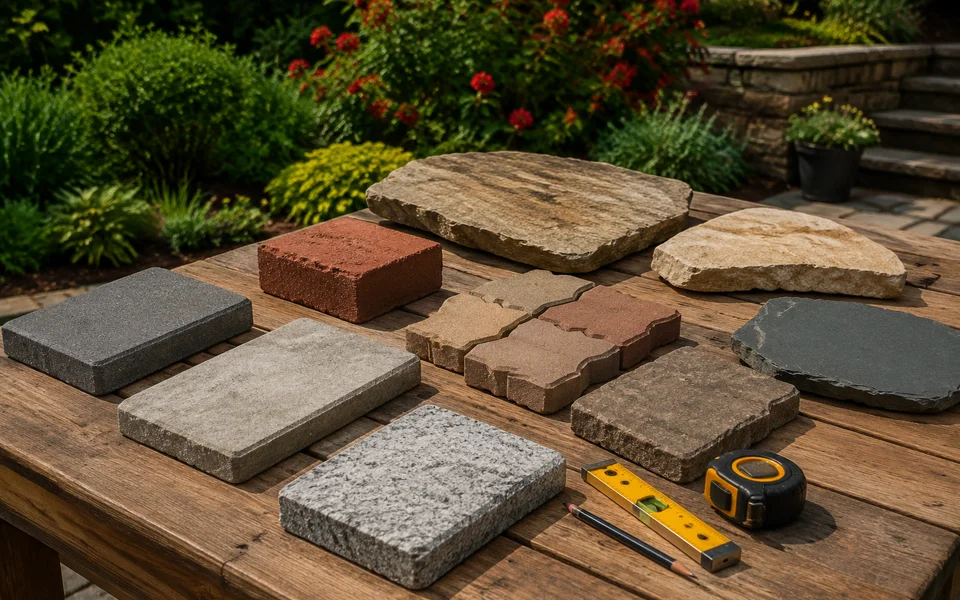 Different types of pavers with measuring tools in a garden