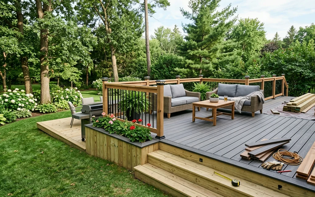Finished deck displaying material costs in a yard.