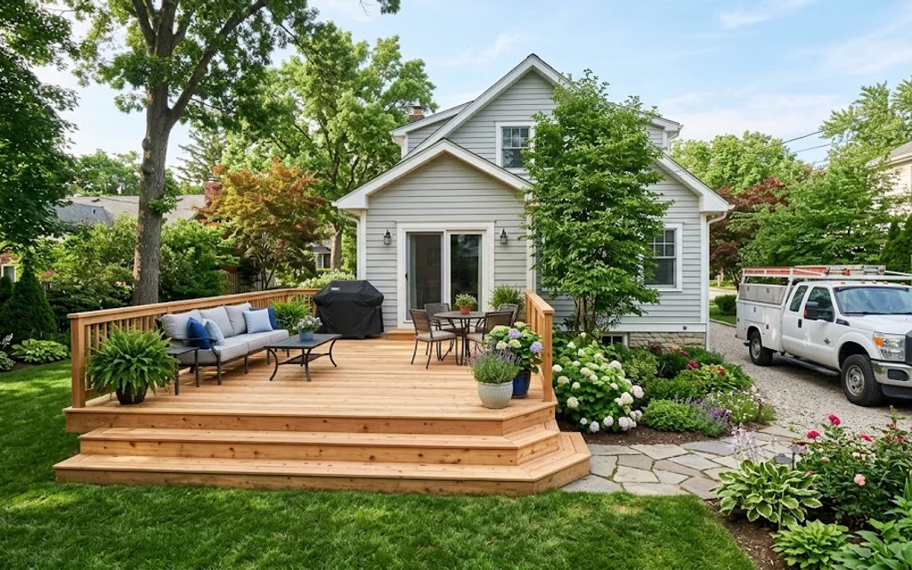 New deck with a local contractor's presence in the yard.