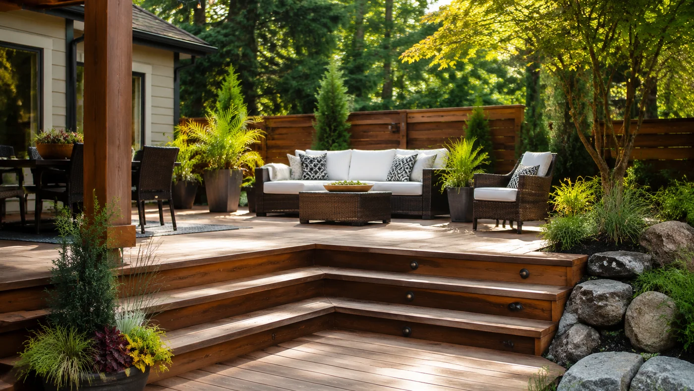 A new wooden deck in a lush backyard setting.