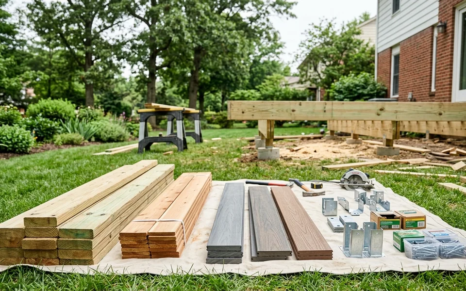Different deck building materials displayed in a backyard.