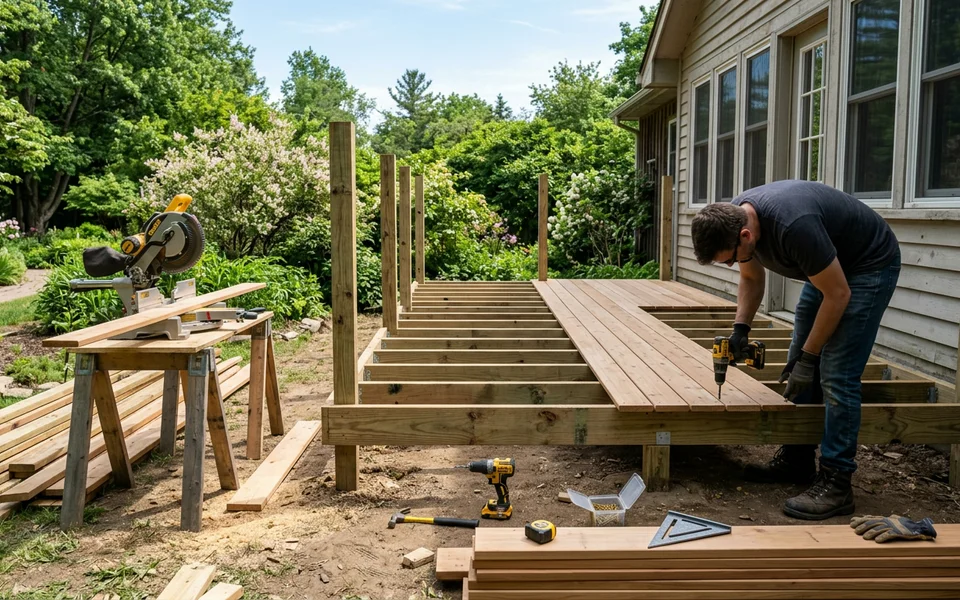 DIY deck construction in a backyard.
