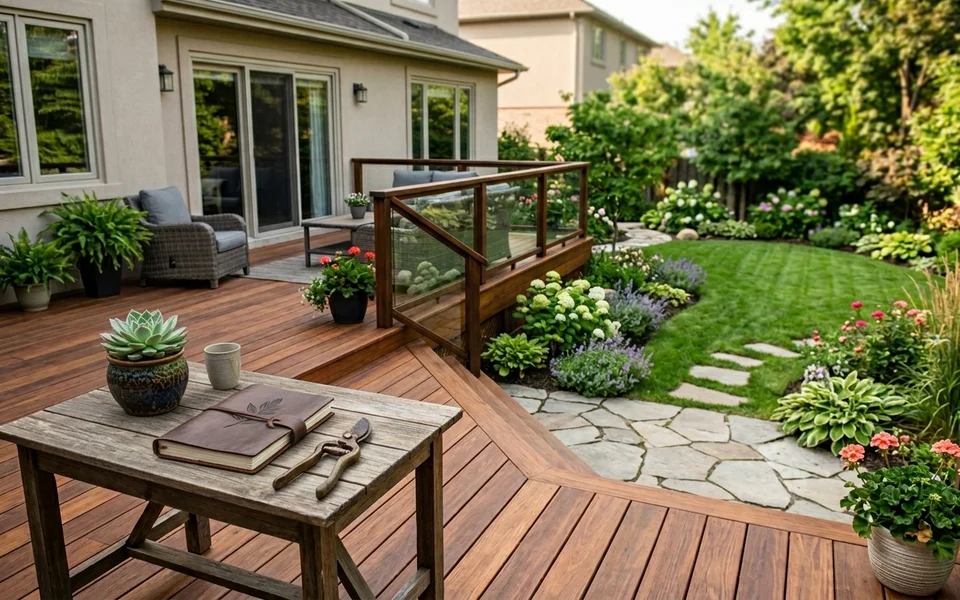 Completed deck with planning tools in a tidy backyard.