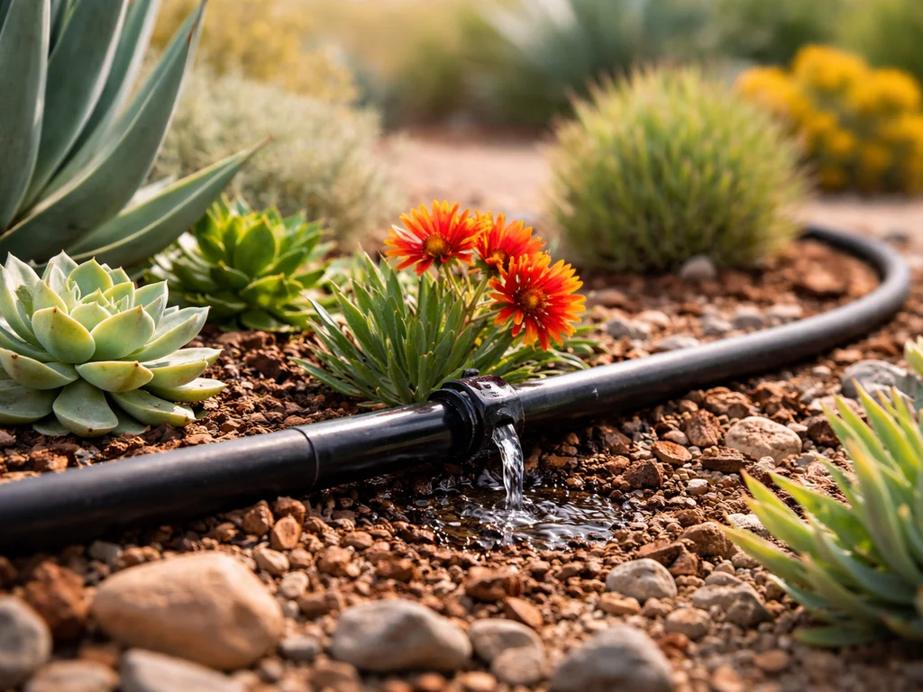 Drip irrigation among desert plants.