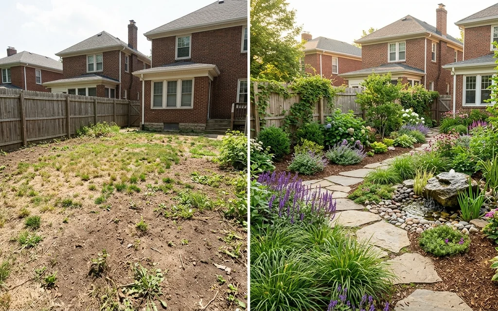 Yard transformation with before-and-after views