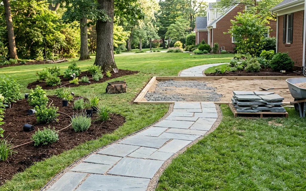 Backyard with staged landscaping project steps
