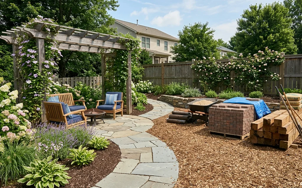 Backyard with finished landscaping and materials