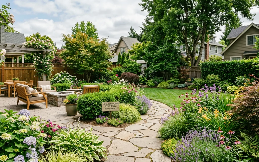 Backyard with sign for local contractor suggestions