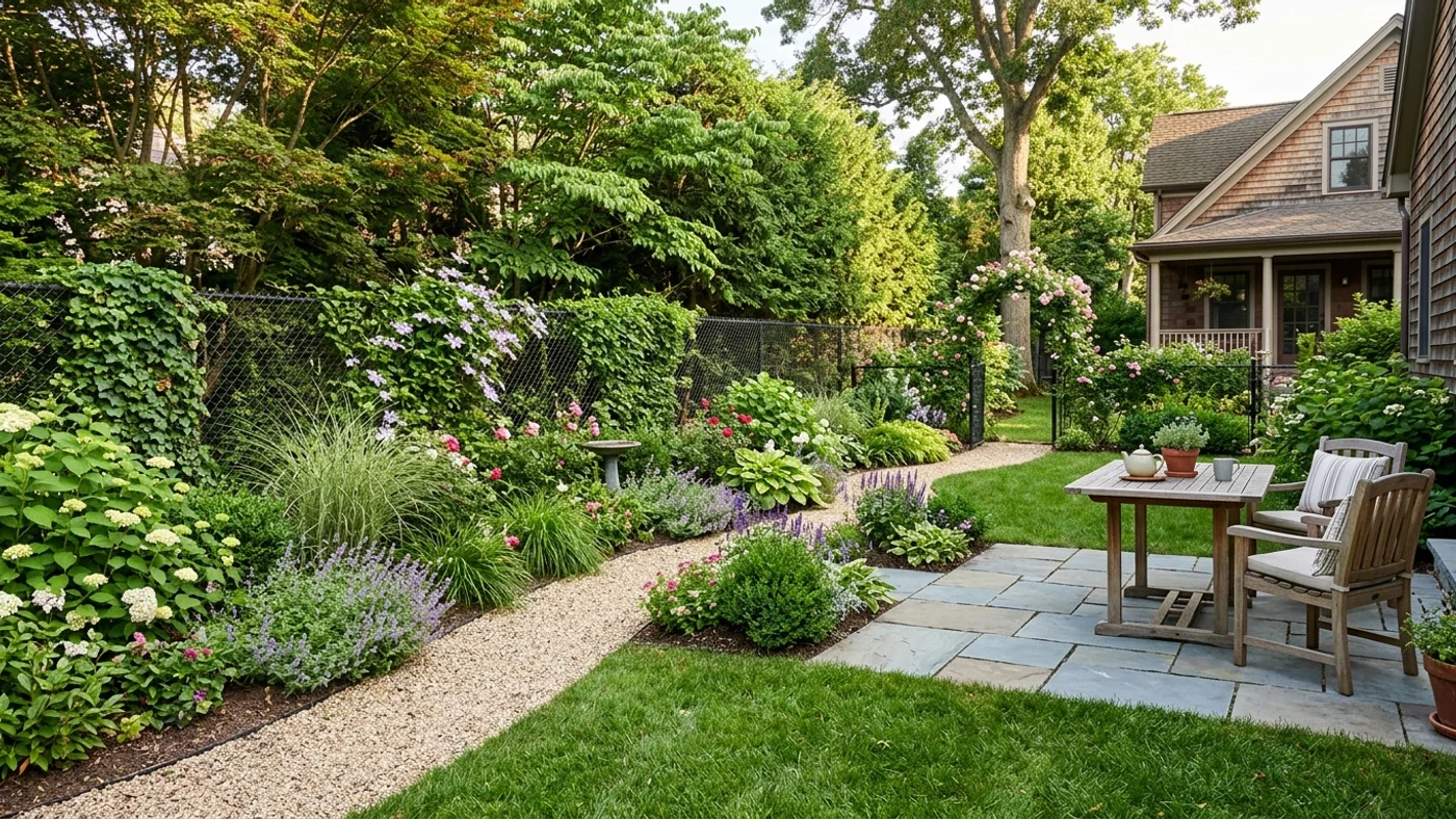 Backyard with chain link fence and newly designed landscape