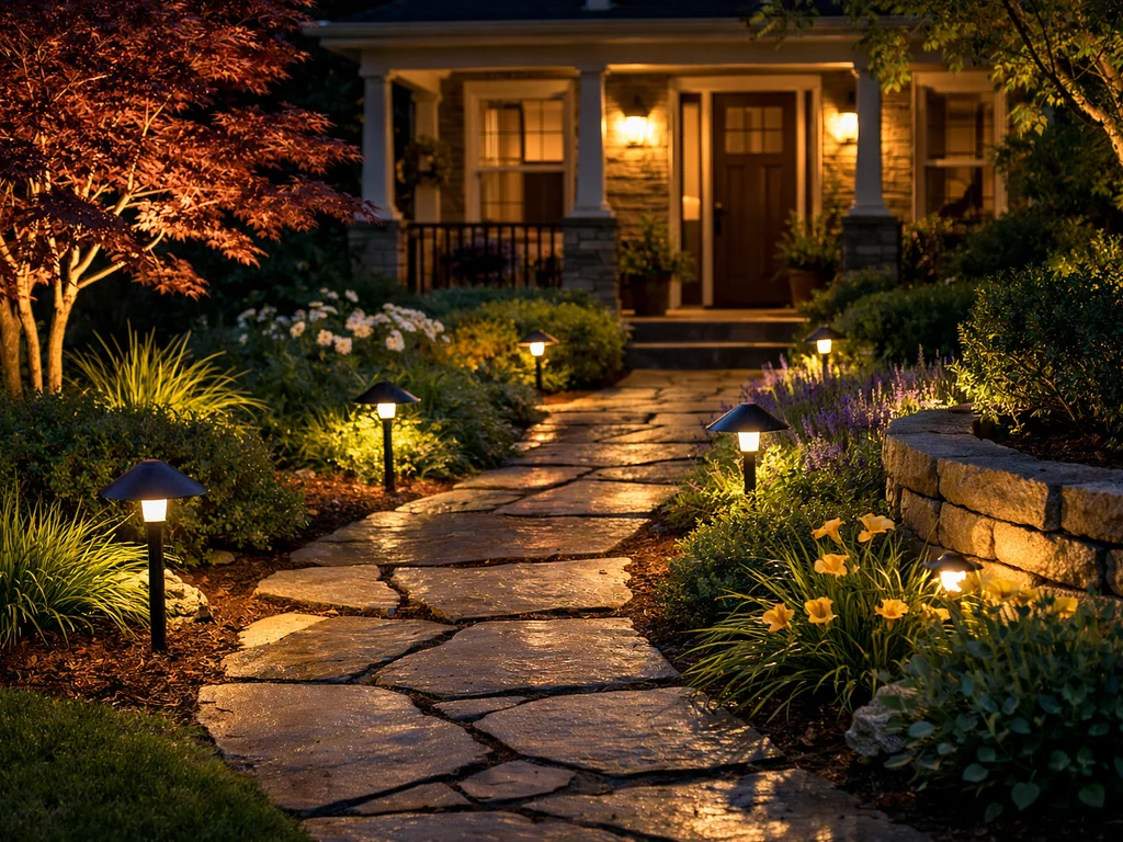 Pathway lighting illuminating a front yard at night.