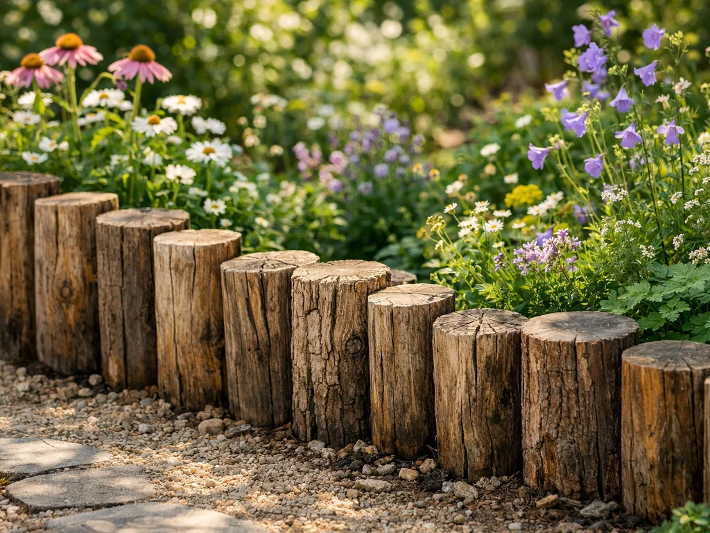 Cottage-style garden edging with wooden logs.