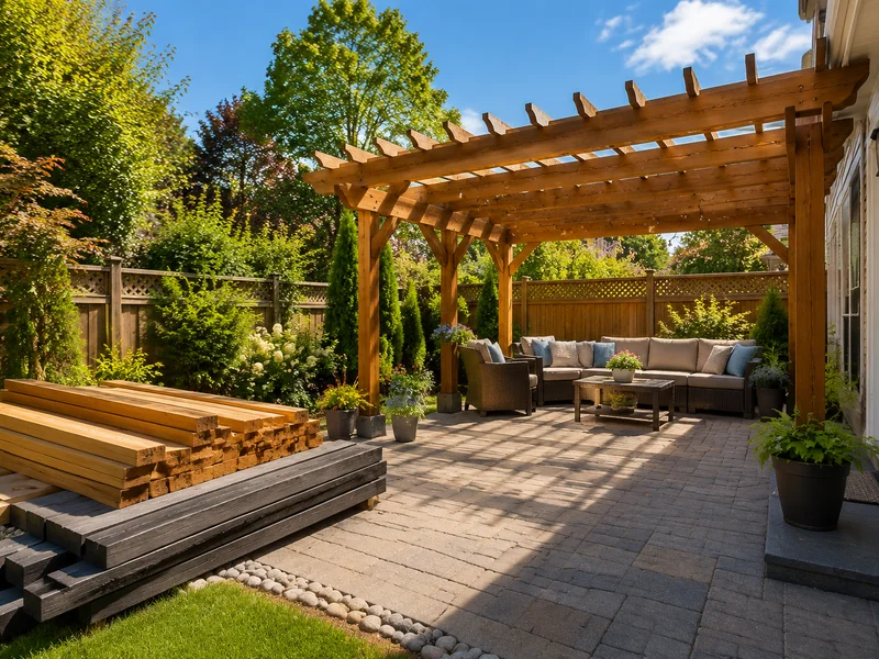 Completed pergola installation with materials staged nearby