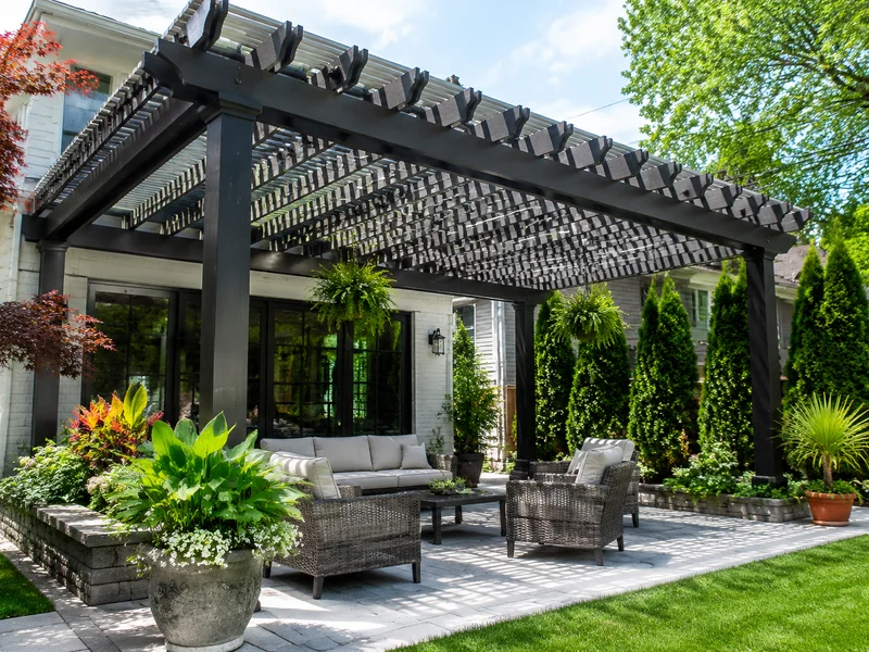 Weather-resistant pergola in a well-maintained yard