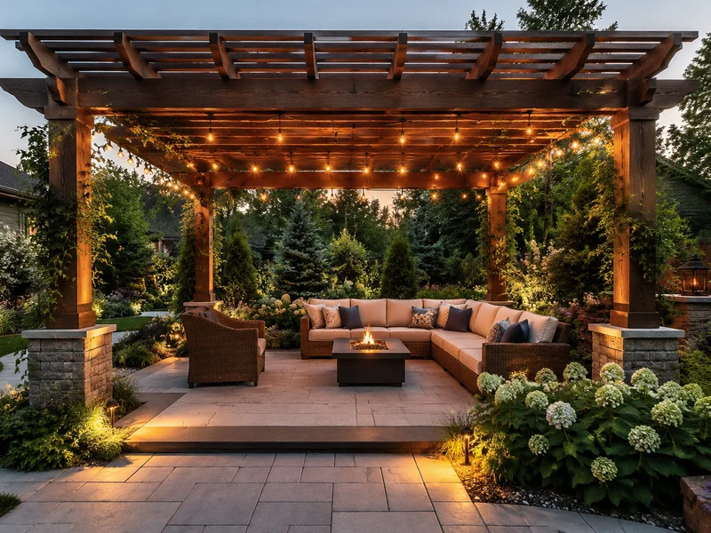 Pergola design using the golden ratio in a beautifully landscaped yard
