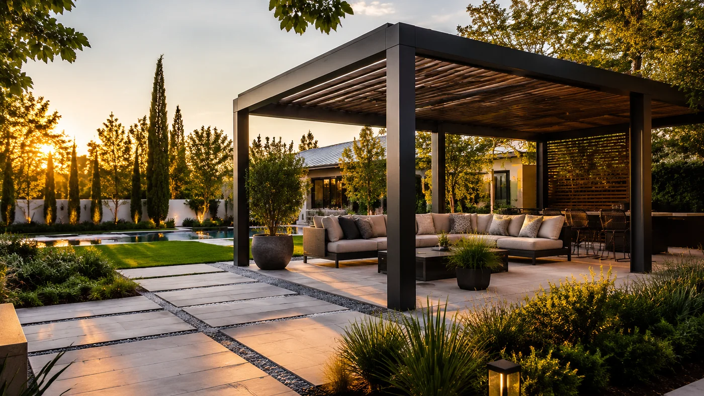 Contemporary backyard with sleek pergola and modern furnishings at golden hour