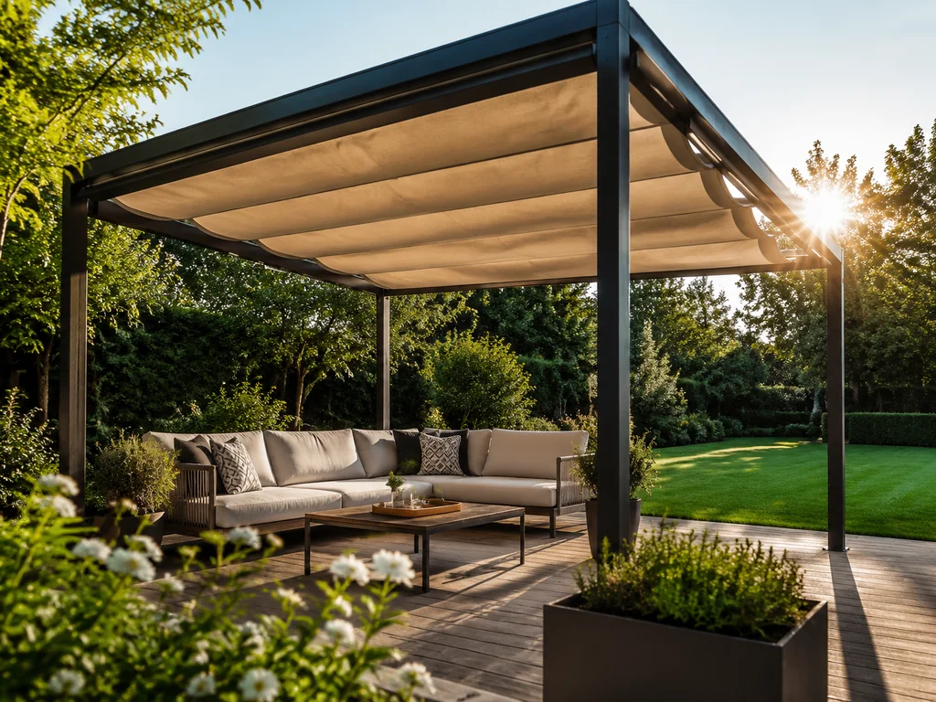 Modern metal pergola with retractable canopy in a spacious backyard