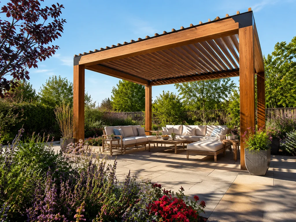 Wooden pergola with adjustable louvered roof in a sunny garden