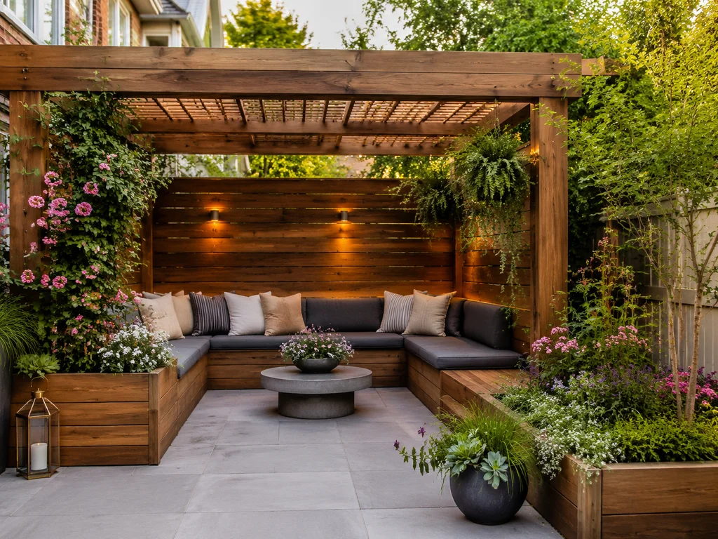 Pergola with integrated seating and planters in a small backyard