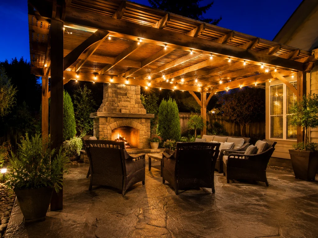 Wooden pergola with string lights in a nighttime backyard setting