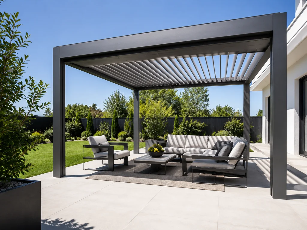 Minimalist aluminum pergola with clean lines in a modern backyard