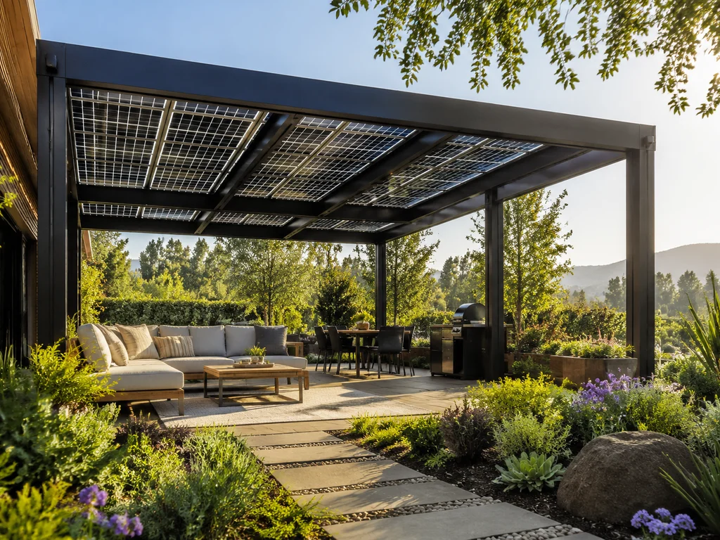 Pergola with integrated solar panels in a sunlit garden