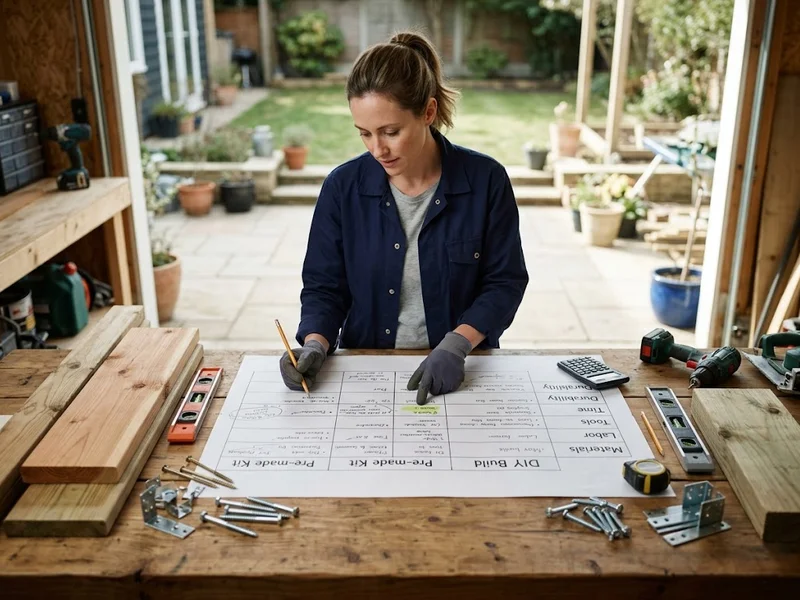 Homeowner analyzing cost-benefit of DIY versus pre-made pergola kits in an outdoor workspace.