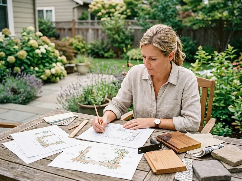 Homeowner using design principles to plan a pergola in a yard.
