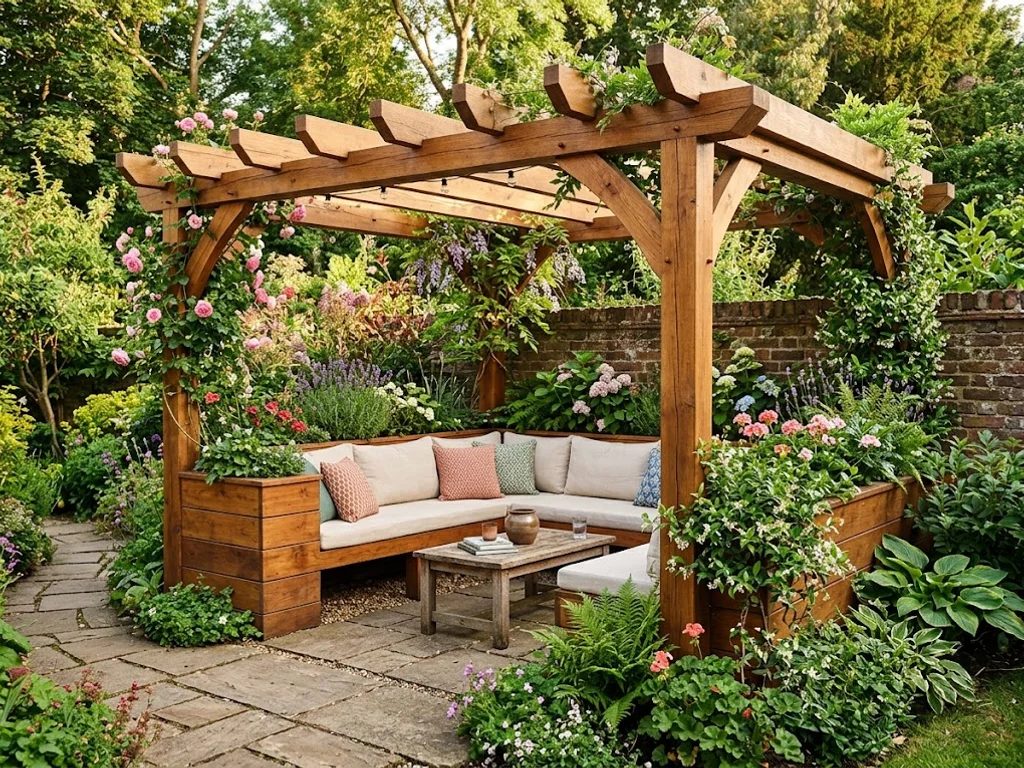 Wooden pergola with built-in benches and lush planters in a cozy yard corner.