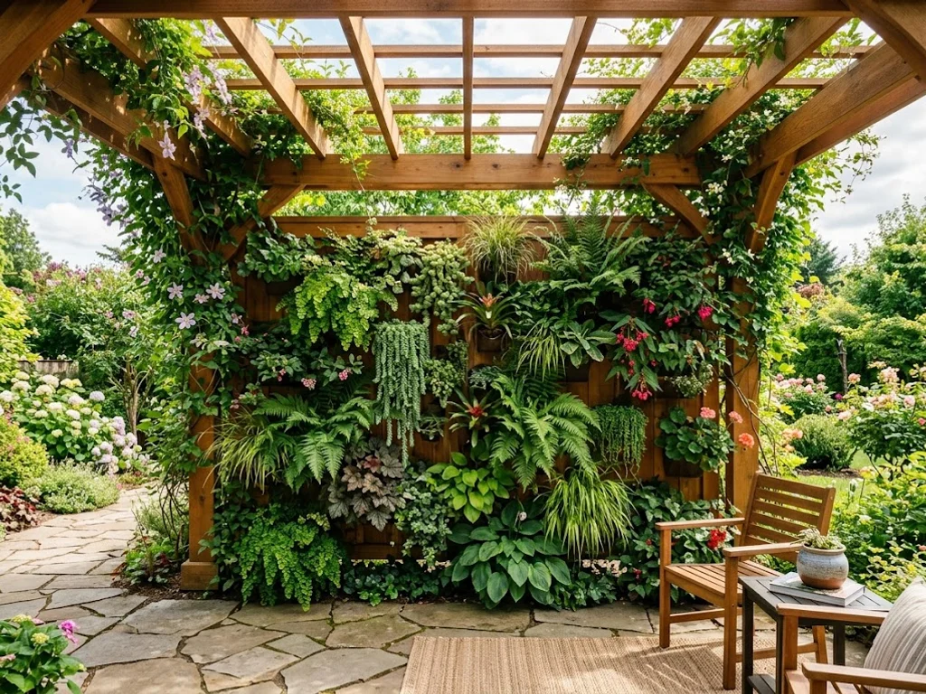 Pergola with a vertical garden wall against a wooden backdrop.