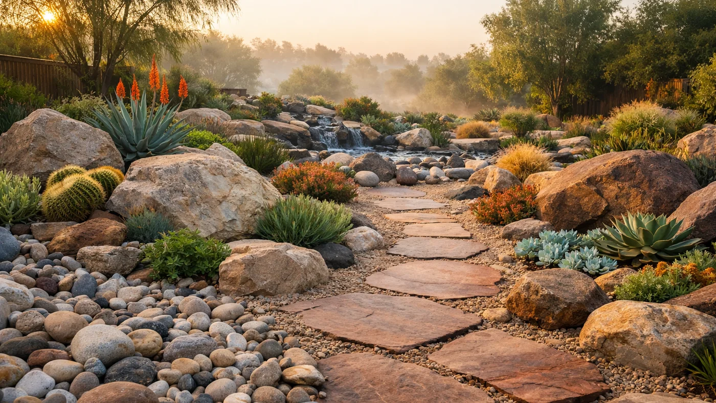 A diverse residential landscape with various rocks in golden morning light.
