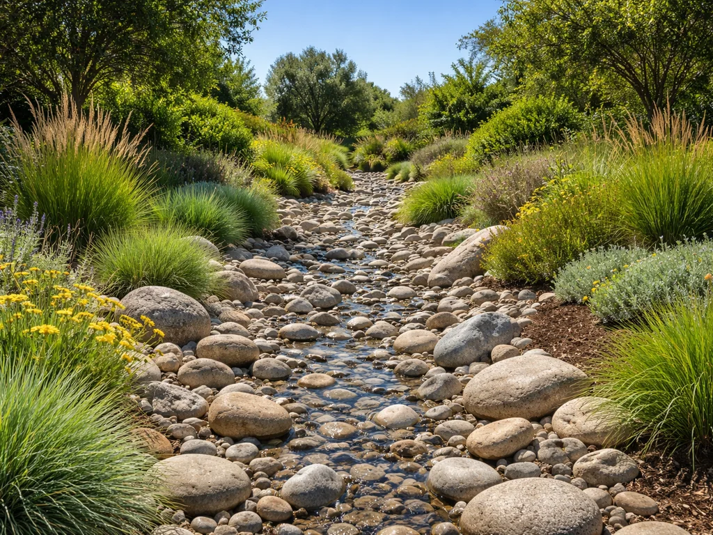 A dry riverbed with smooth rocks and native plants.