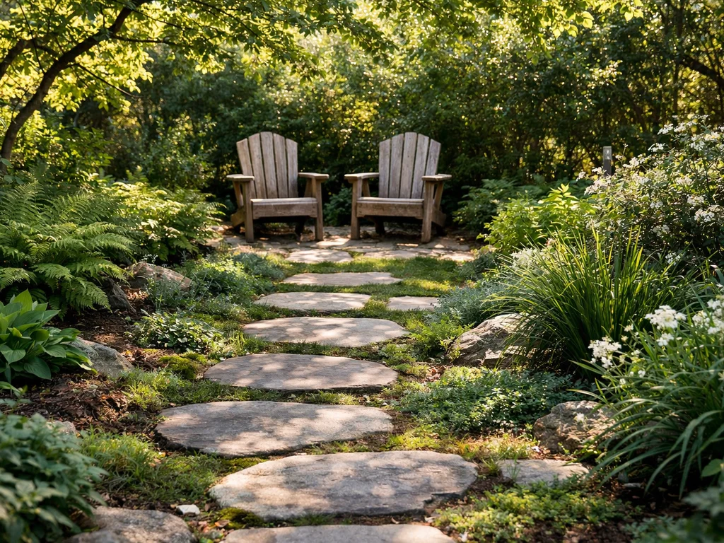 A stone stepping stone path leading to seats in a garden.