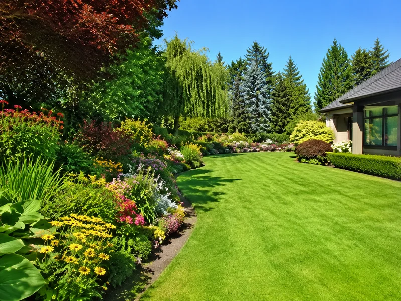 Well-maintained lawn and garden showing distinct care.