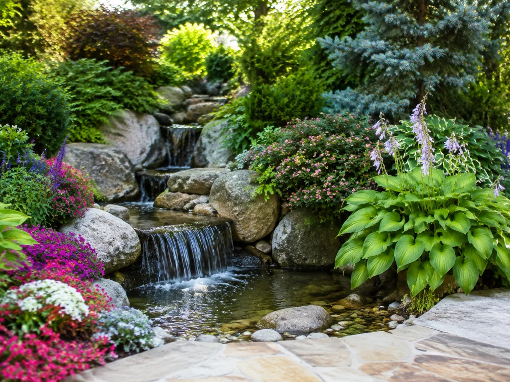 Tranquil garden with a water feature and surrounding plants.