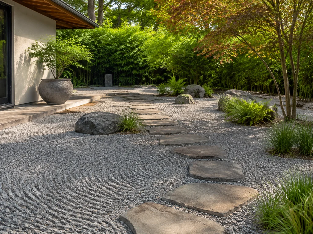 Zen garden with gravel, sparse plants, and a stone path.