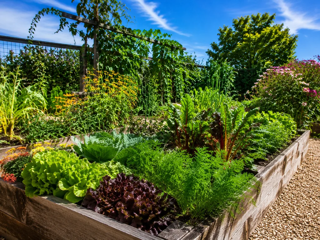 Raised garden beds with a variety of vegetables and herbs.