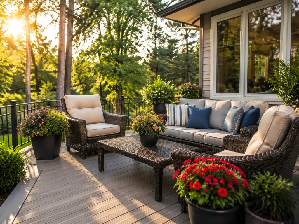 Patio with seating, decking, and colorful planters.