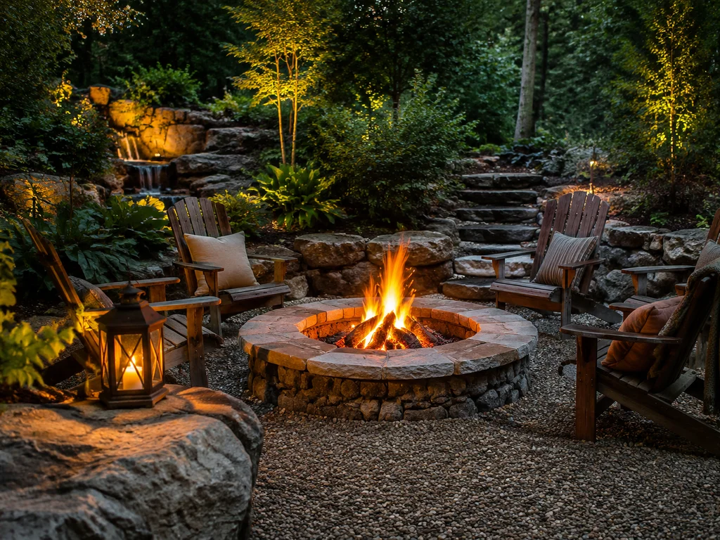 Stone fire pit area with rustic charm and seating.
