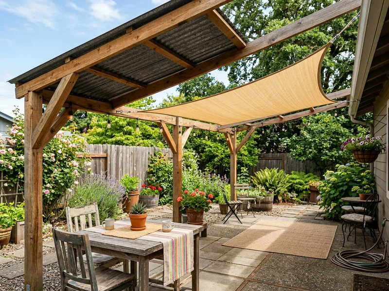 Affordable patio cover using corrugated metal and shade sails.
