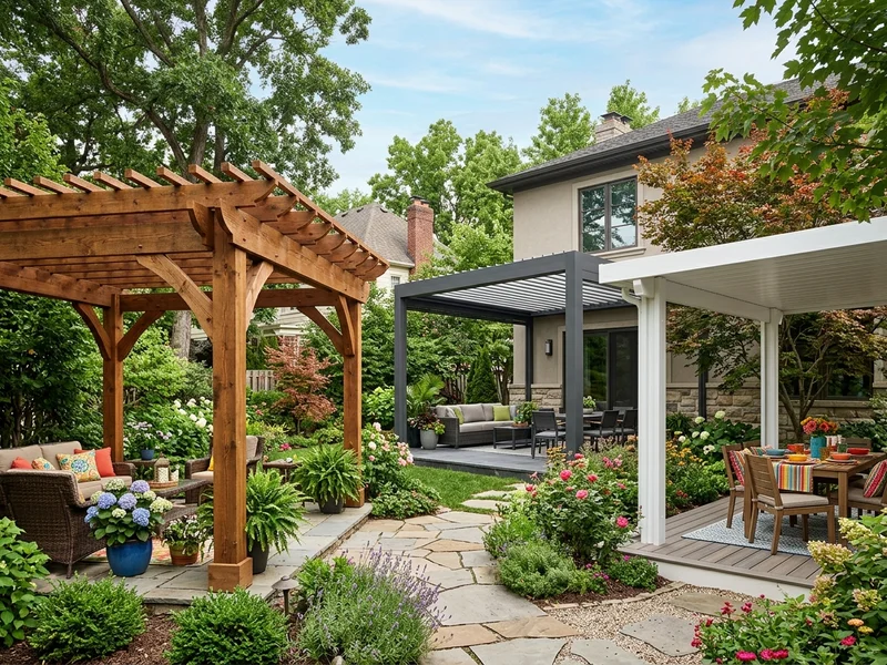 Various materials for patio covers displayed in different settings.