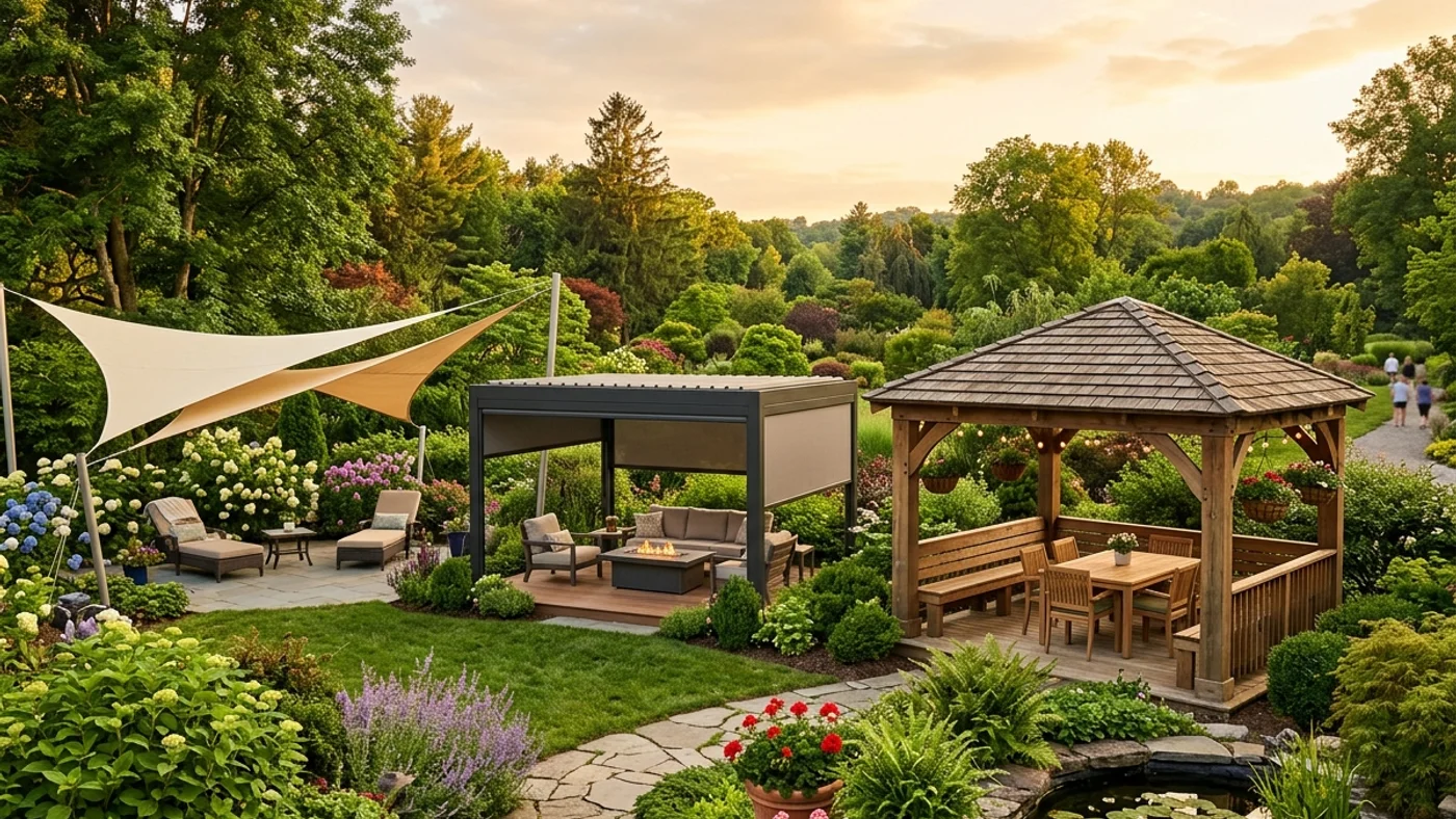 Wide-angle shot of different patio covers under a sunset sky, surrounded by gardens.
