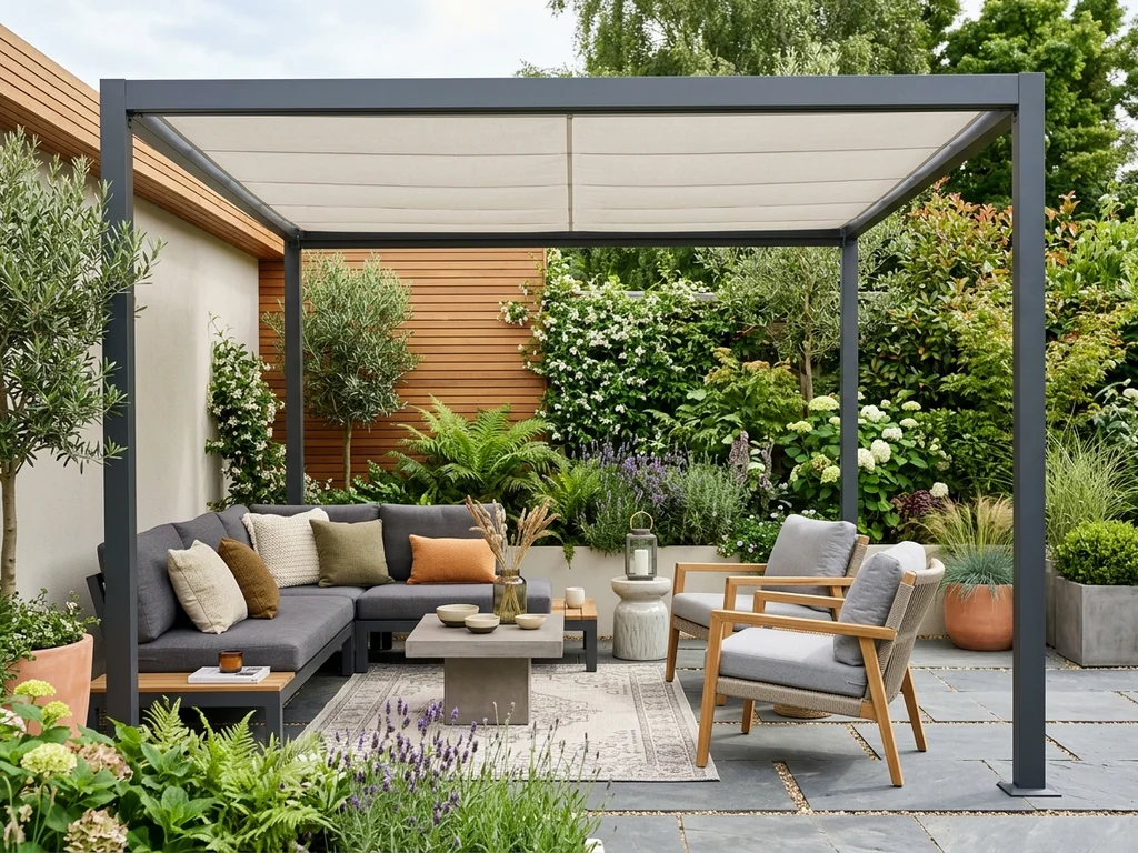 Modern aluminum pergola with retractable canopy over a stylish patio.