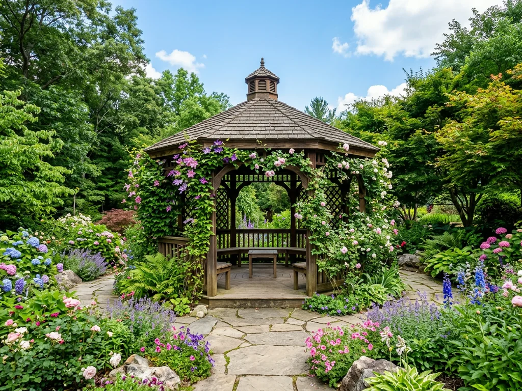 Wooden gazebo surrounded by vibrant garden foliage.