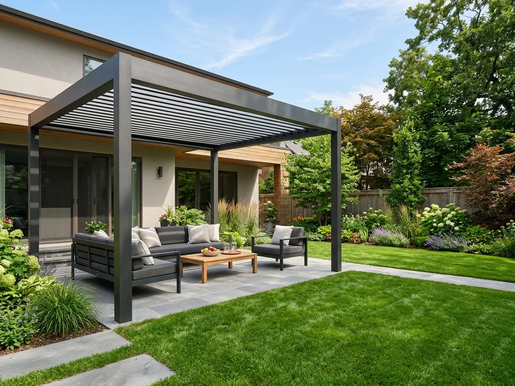 Minimalist aluminum patio cover on a contemporary patio.
