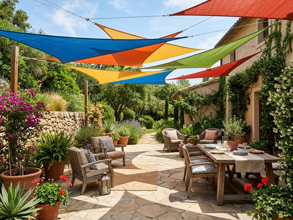 Vibrant sail shades casting shadows over a lively patio.