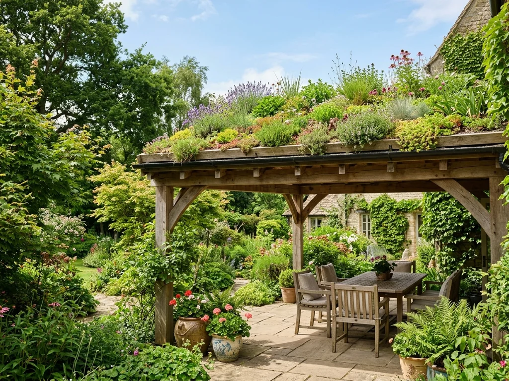 Green roof with diverse vegetation on a patio cover.