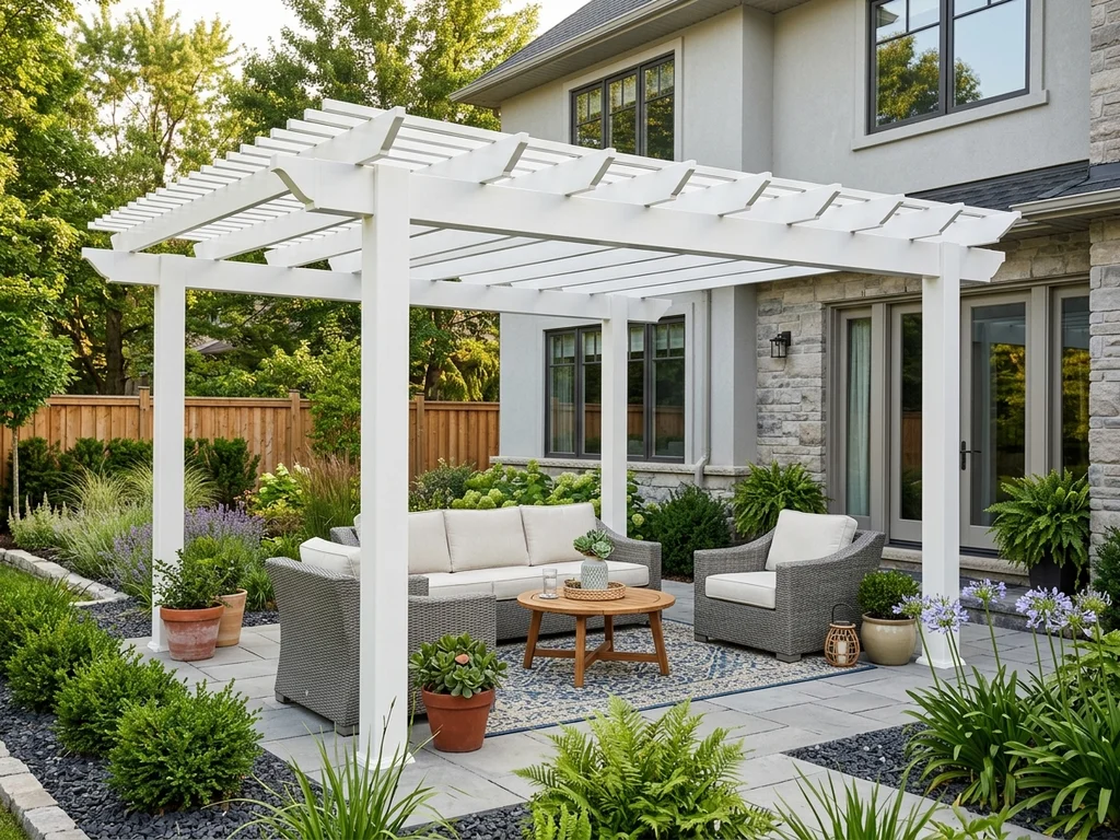 Vinyl patio cover in a low-maintenance, organized patio setting.